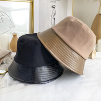 Leather hat brim womens autumn and winter Joker basin hat Korean version of face big head fishermans hat woolen splicing fishermans hat Net Red Wind
