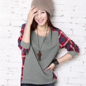 9259 2020 European and American students autumn and winter new loose women’s patchwork Plaid T-shirt