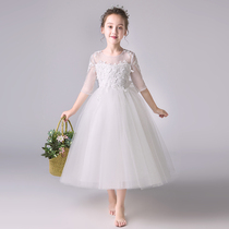 Childrens dress white princess dress girl puffy gauze host piano performance dress flower child birthday evening dress winter