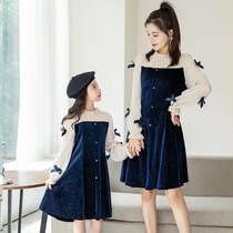 Parent-child dress Western-style long-sleeved spring and autumn velvet stitching ladies slim and slim girls skirt mother and daughter dress