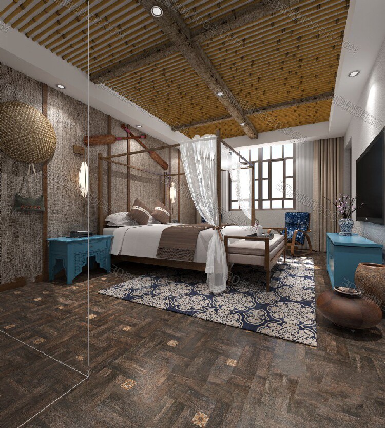 民宿风格3d模型室内设计家装工装复古农村乡村休闲3dmax模型