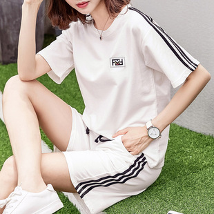运动套装女夏安踏新款韩版胖mm大码宽松女生短袖健身服v女生两礼物夏天件套短裤送图片