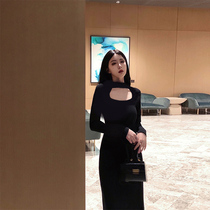 Knit One-piece Dress Woman Autumn Winter Cardigan Design Sensation Temperament Long Sleeve Open Fork Long Sleeve Black Square Collar Bottom Skirt