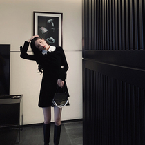 One-piece dress Womens spring and autumn French style retro velvet Polo skirt Black Temperament Cashew slim Herbenwind Little Black dress