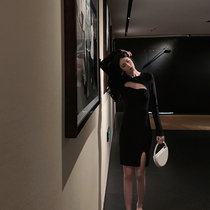 Open Fork Tandem Dress Woman 2022 Spring new long sleeve temperament Hip Black Sexy workout slim fit