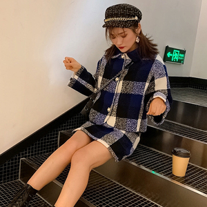 2019秋冬新款毛呢套装女气质修身格子时尚半身裙呢子外套两件套潮