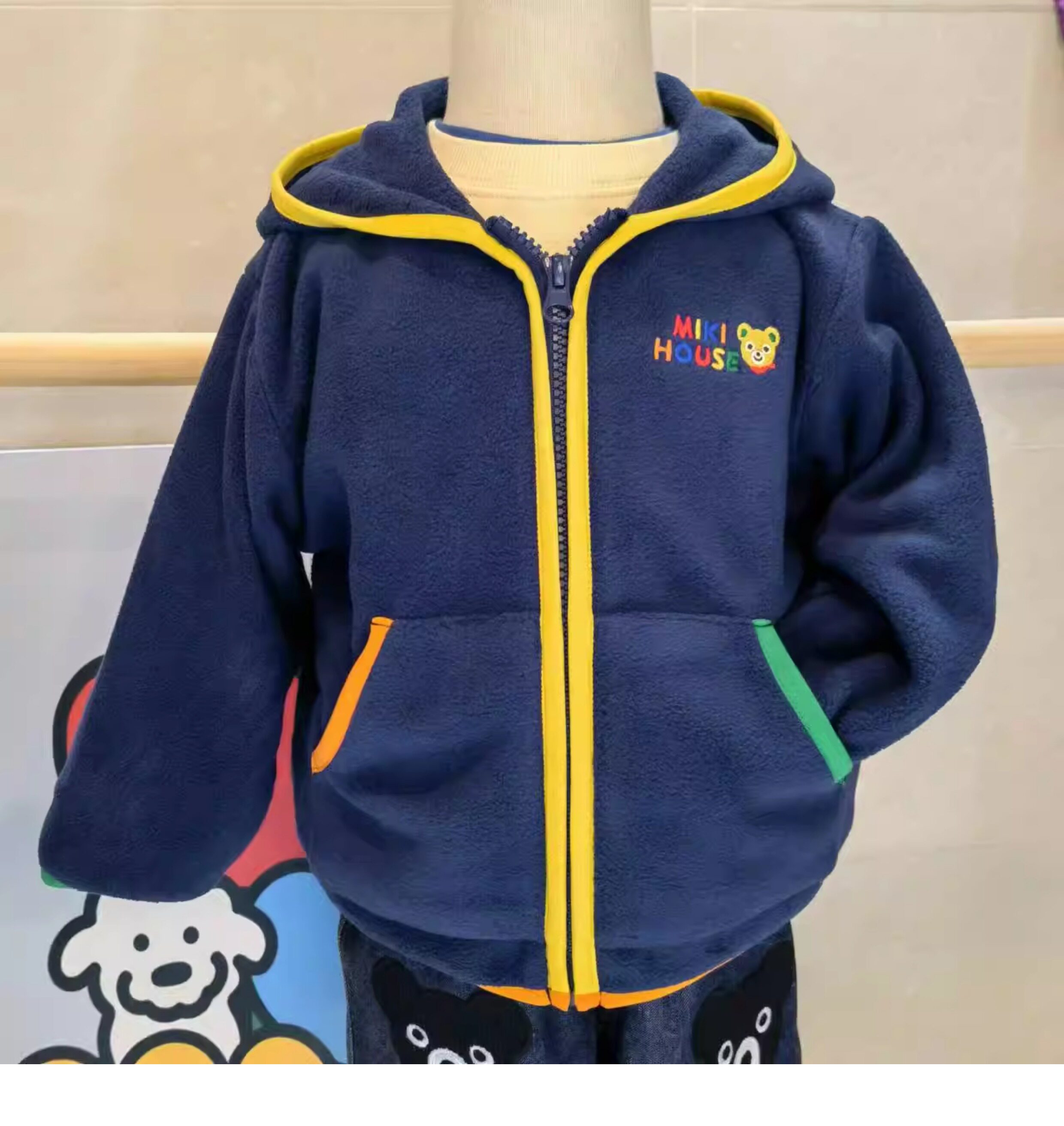 miki24秋冬款日系男女儿童装小熊拉链开衫连帽双面摇粒绒保暖外套