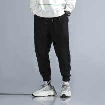 Tide brand 2021 autumn and winter plus velvet thickened pants mens trend casual closure casual loose small feet tie foot overalls