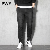 Tide brand 2021 autumn and winter jeans mens slim small feet stretch Korean version of the trend straight casual plus velvet long pants