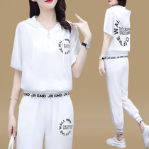 Summer sportswear suit women 2021 spring and summer new fashion fashion short sleeve ice silk cotton linen casual two-piece set