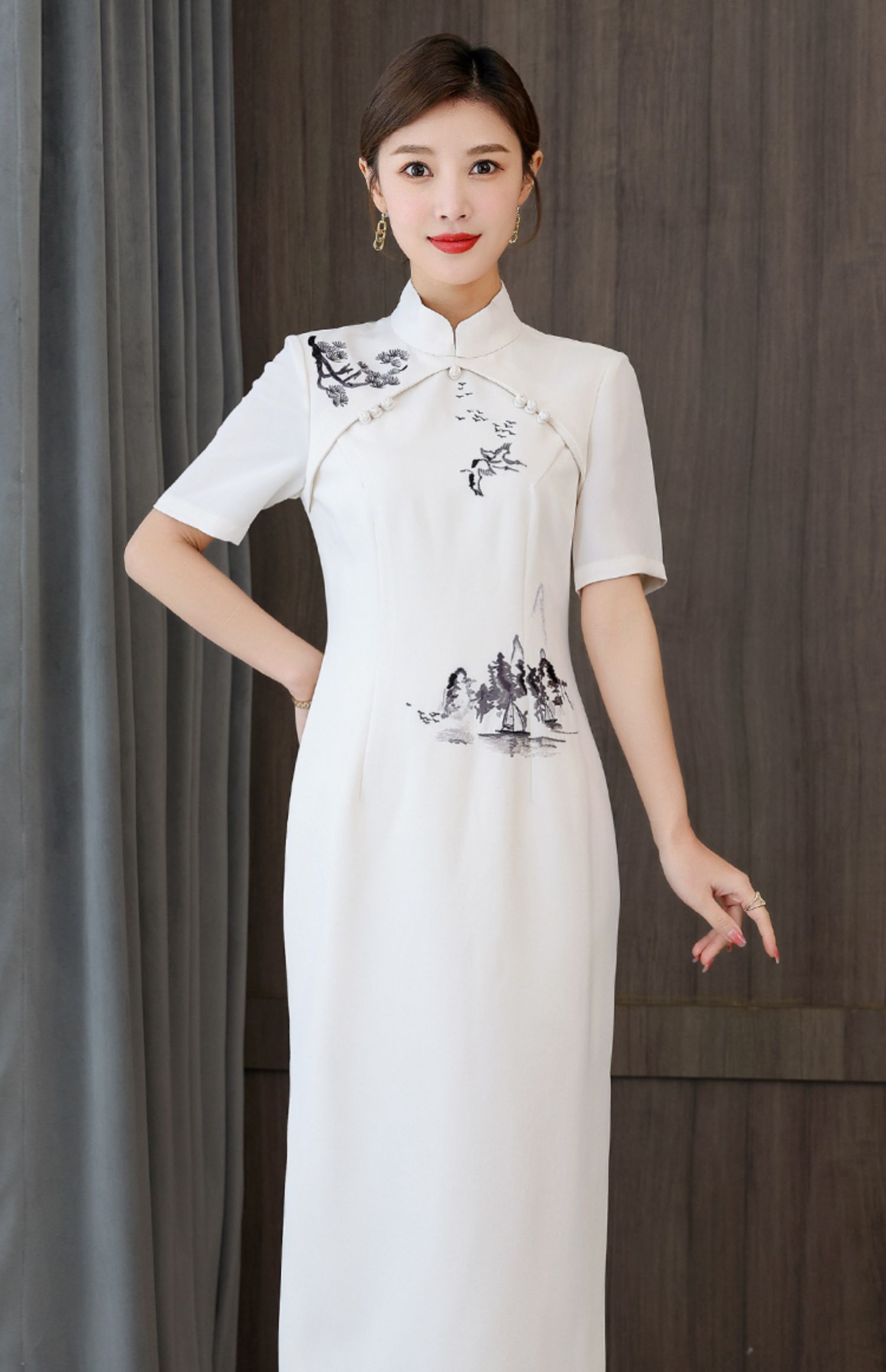 2022夏新款疏影山水旗袍连衣裙复古气质短袖中国风收腰显瘦连衣裙