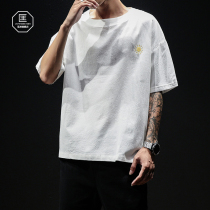 Summer Japanese sun embroidered short-sleeved T-shirt mens fat plus size loose half-sleeved fat trend top clothes