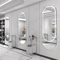 Net Red Barber Shop hair salon special mirror table full body round LED with light gold frameless hanging single mirror
