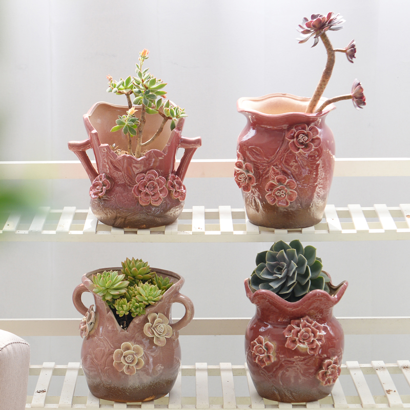 A new large caliber old running the green plant ceramic flower POTS, fleshy flower implement dried flower vase coarse pottery breathable large - sized mage basin