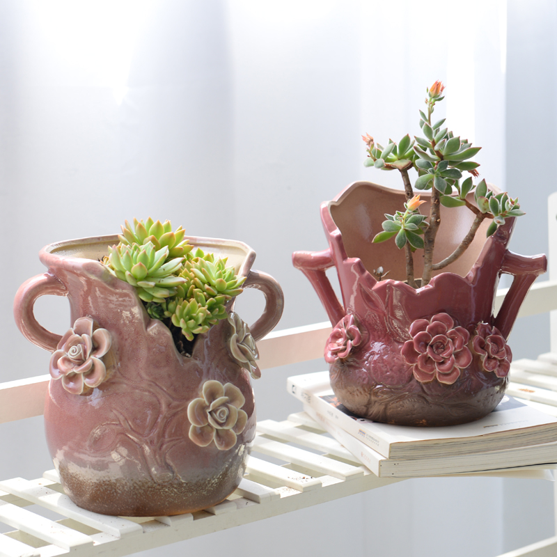 A new large caliber old running the green plant ceramic flower POTS, fleshy flower implement dried flower vase coarse pottery breathable large - sized mage basin