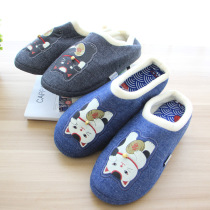 Exported to Japan in the autumn and winter of 18 new embroidered bells Lucky cat home denim slippers couple bag heels