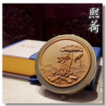 Carry-on cosmetic mirror lotus green sandalwood engraving inlaid Chinese style ancient wind Han clothes flip side portable small round mirror