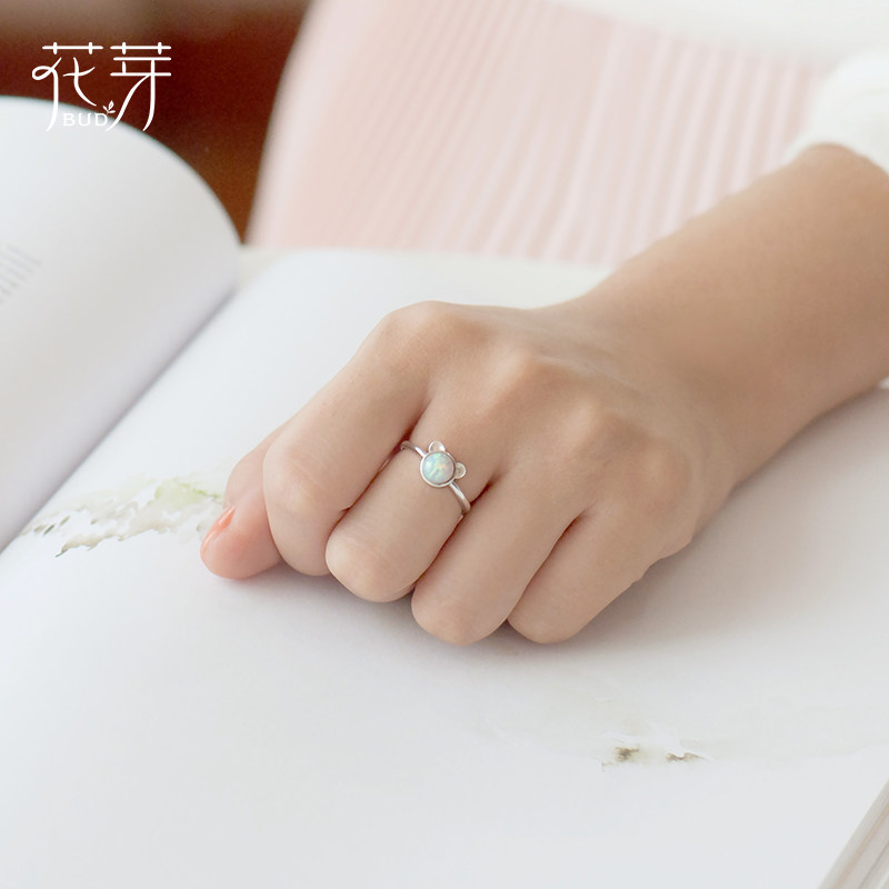 花芽情侣戒指活口一对日韩925纯银熊抱对戒男女戒子个性简约礼物