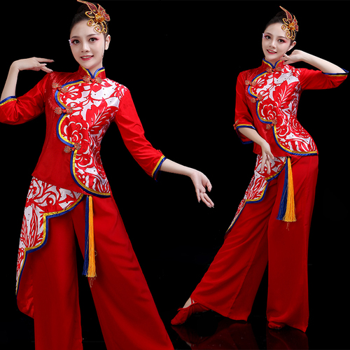 Chinese folk dance costumes for women Waist drum team costume women Chinese wind drum suit ethnic water drum dance square dance suit Yangko suit