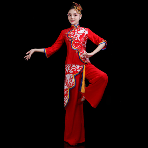 Chinese folk dance costumes for women Waist drum team costume women Chinese wind drum suit ethnic water drum dance square dance suit Yangko suit