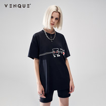 venque Fanke couple short-sleeved womens leisure 2021 summer new love print round neck Tide brand T-shirt men