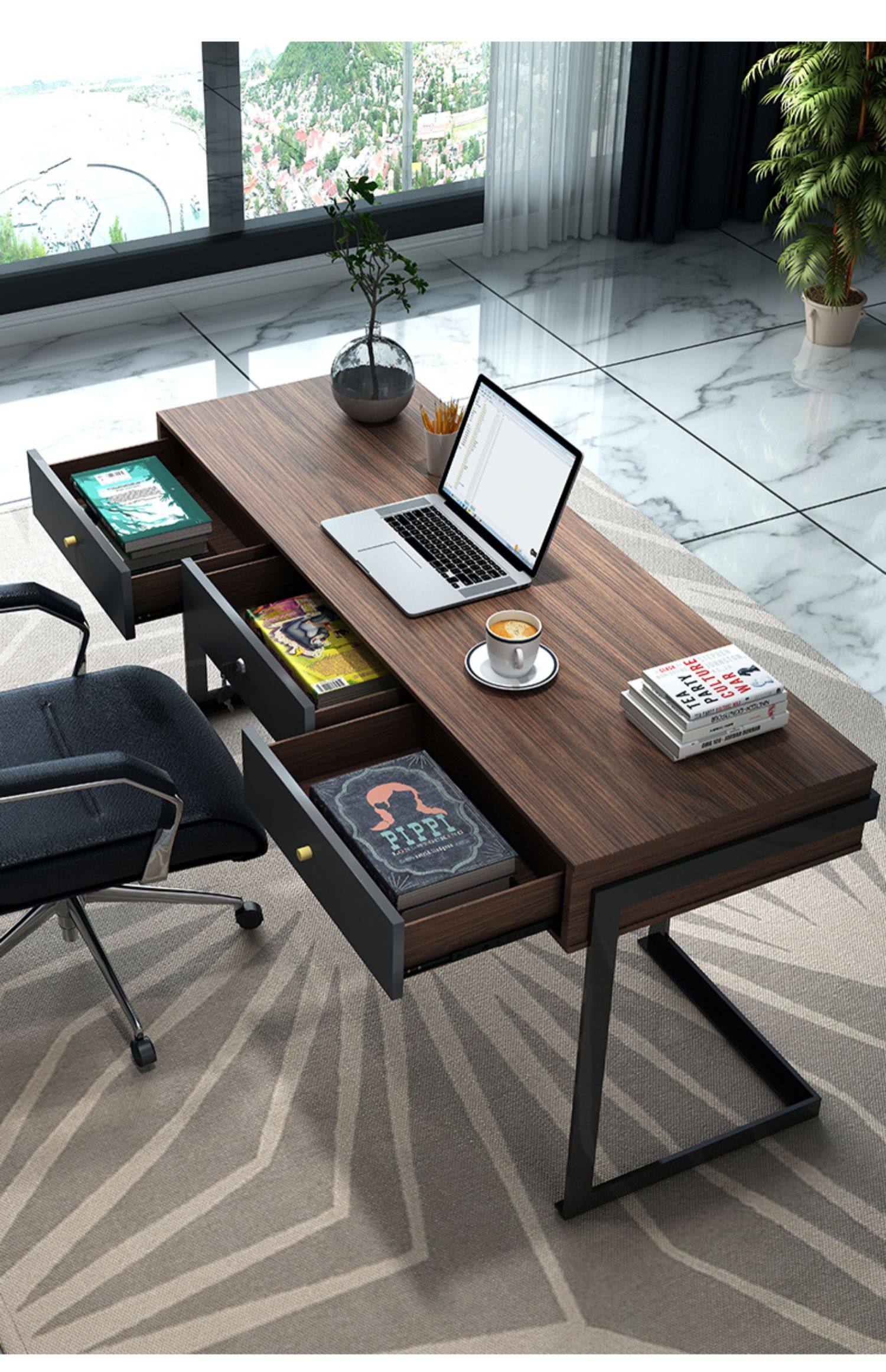 北欧书桌一字板书房家用极简轻奢ins简约现代胡桃木色写字办公桌