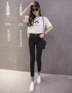 High waist stretch thin feet pants denim leggings pencil trousers