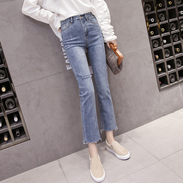 Korean version high waist jeans elastic slim cut and burr jeans