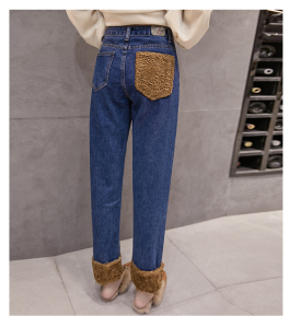 High-waist fleece stitching trousers slim straight jeans