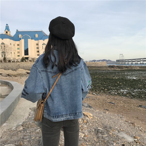 Embroidered hole denim jacket student casual wide-brimmed clip