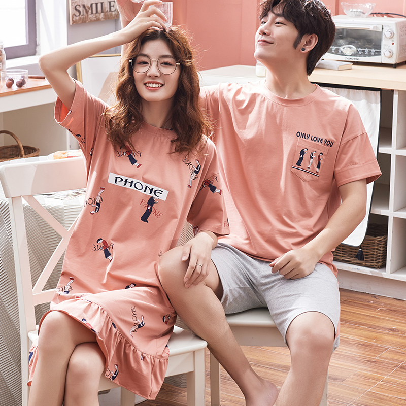 2 sets of price lovers' pajamas summer cotton men's home wear set korean version lovely nightdress women's short sleeve thin net red