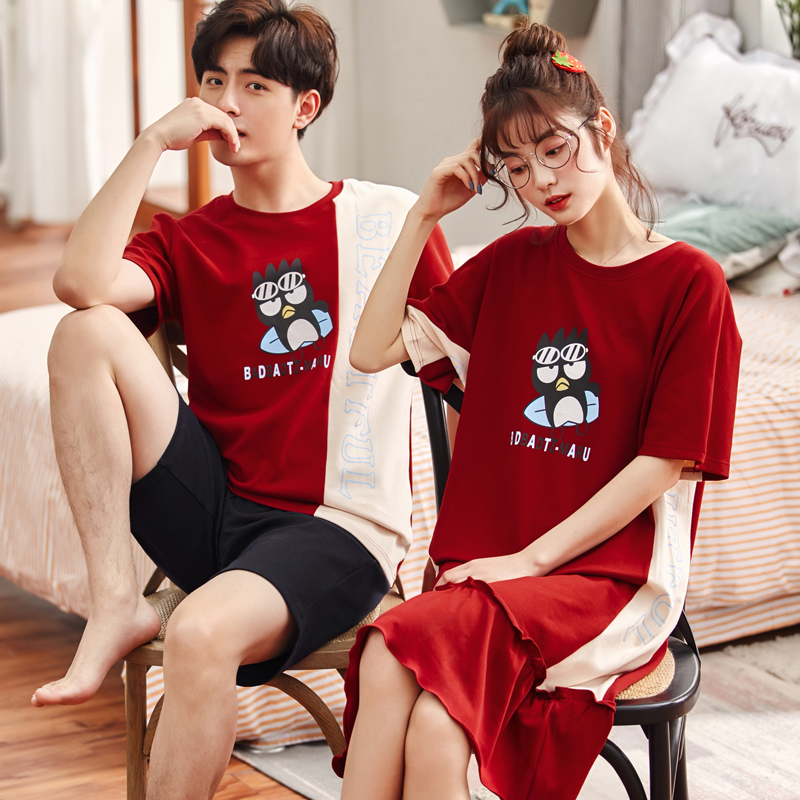 2 sets of price lovers' pajamas summer cotton men's home wear set korean version lovely nightdress women's short sleeve thin net red