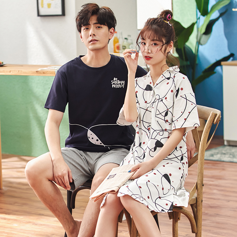2 sets of price lovers' pajamas summer cotton men's home wear set korean version lovely nightdress women's short sleeve thin net red