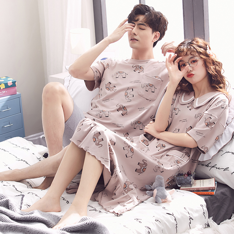 2 sets of price lovers' pajamas summer cotton men's home wear set korean version lovely nightdress women's short sleeve thin net red