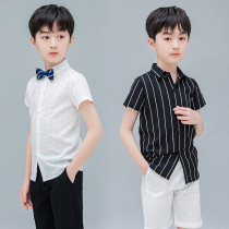 White shirt boy summer short-sleeved baby performance pure-bottomed child striped black long-sleeved shirt