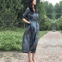 Clear-through-Hemp Printed One-piece Dress High-end Cotton Linen Dress Literary Hanfu Elements Laces Leanthin Retro Gowns