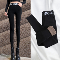 Lambness leggings womens outer wear plus velvet thickened autumn and winter black high waist thin thin feet warm cotton pants
