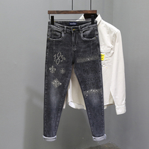 European Heavy Industry High-end Hot Diamond Autumn New Tide Brand Jeans Mens slim Joker Small Feet Korean Trend Pants