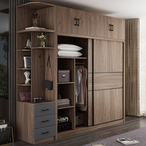 Walnut color Nordic wardrobe modern minimalist home bedroom wooden integral sliding door cabinet three door sliding door wardrobe