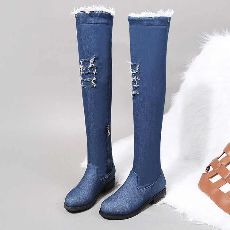 破洞牛仔布中跟过膝女靴子薄绒里粗跟圆头半拉链浅蓝色布长靴初冬