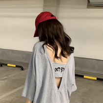 Heart machine backless short sleeve T-shirt female summer 2021 Korean version of ins tide students loose strange flavor Joker ins half sleeve top