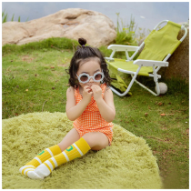 Children Exterior View Brigade Pat Props Green Beach Chair Orange Plaid Swimsuit Green Round Blanket Decoration Pendulum