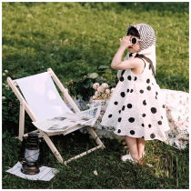 Children Exterior View Brigade Pat Props White Beach Chair Girl Wave Dot Dress With Striped Headscarf Sunglasses Crub