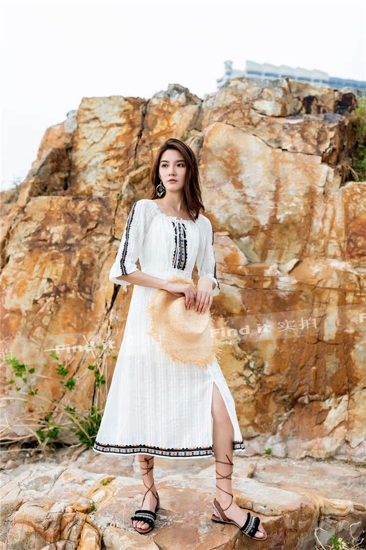 Váy cotton trắng khí chất thời trang Âu Mỹ sản phẩm mới của phụ nữ cổ lá sen mỏng và eo cao váy đi nghỉ lễ - Sản phẩm HOT