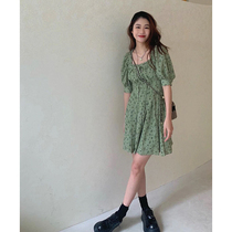 2022 Summer new French style square collar High waist small subtea Broken Flowers dress Dress Woman Casual Temperament Skirt
