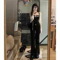 2022 Summer new sexy black Breasted Harnesses High Waist Wide Leggings Pants Fashion Spicy Girl Fried Street Two Suits