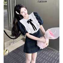 Port Taste Butterfly Knot Lace Dress dress Dress Cashew Slim a character dress Women 2022 Summer Bubble Slew Sleeves Skirt