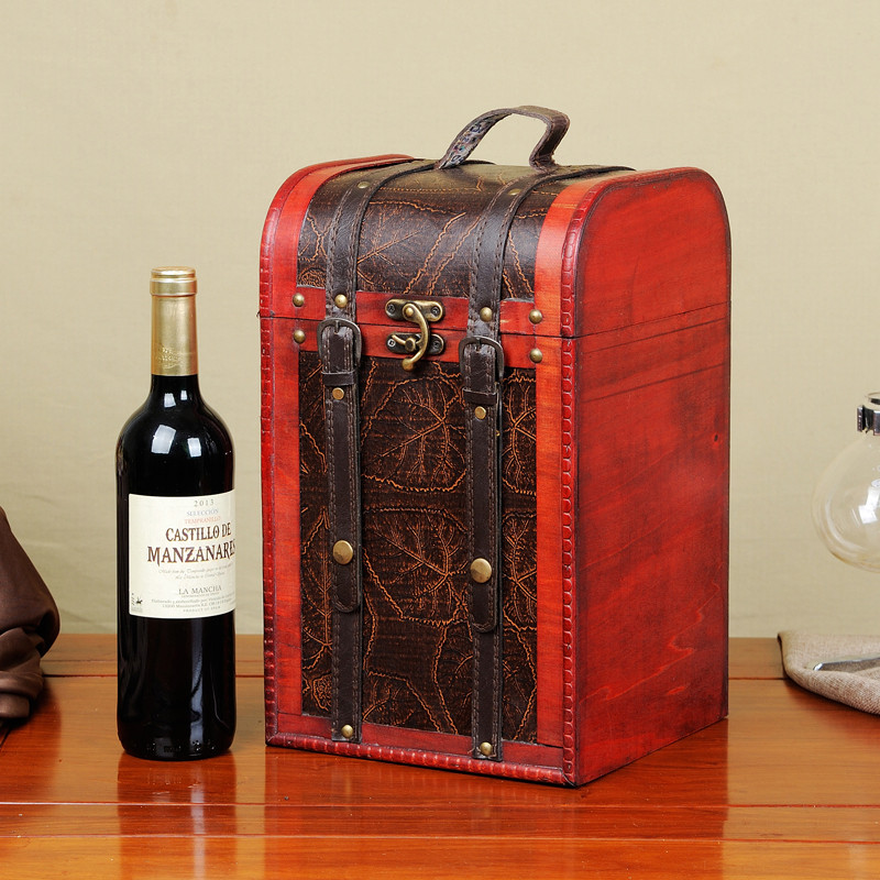 欧式创意手提红酒盒子木盒皮礼盒葡萄酒盒包装盒节日礼品箱子包邮_9折