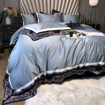 High-end simple European luxury 100s long staple cotton embroidery four-piece cotton tribute satin model room quilt cover bedding