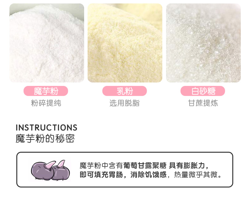 魔芋粉乳粉白砂糖粉碎提纯选用脱脂甘蔗提炼INSTRUCTIONS魔芋粉的秘密魔芋粉中含有葡萄甘露聚糖具有膨胀力即可填充胃肠,消除饥饿感,热量微乎其微。-推好价 | 品质生活 精选好价